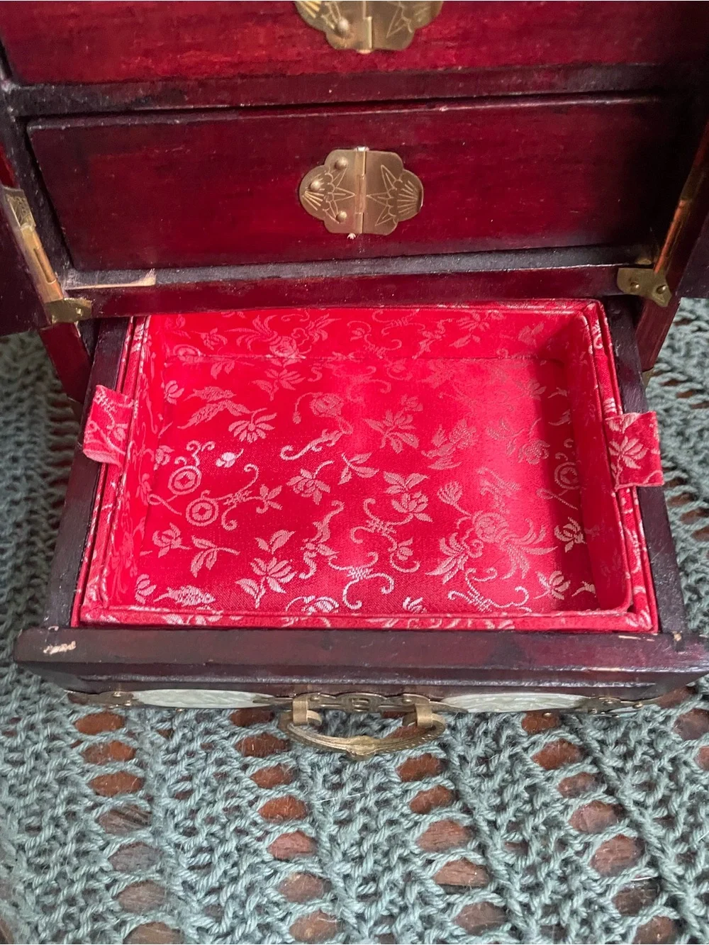 Vintage Chinese Carved Wood Jewelry Box With Jade Inlays & Brass Hardware